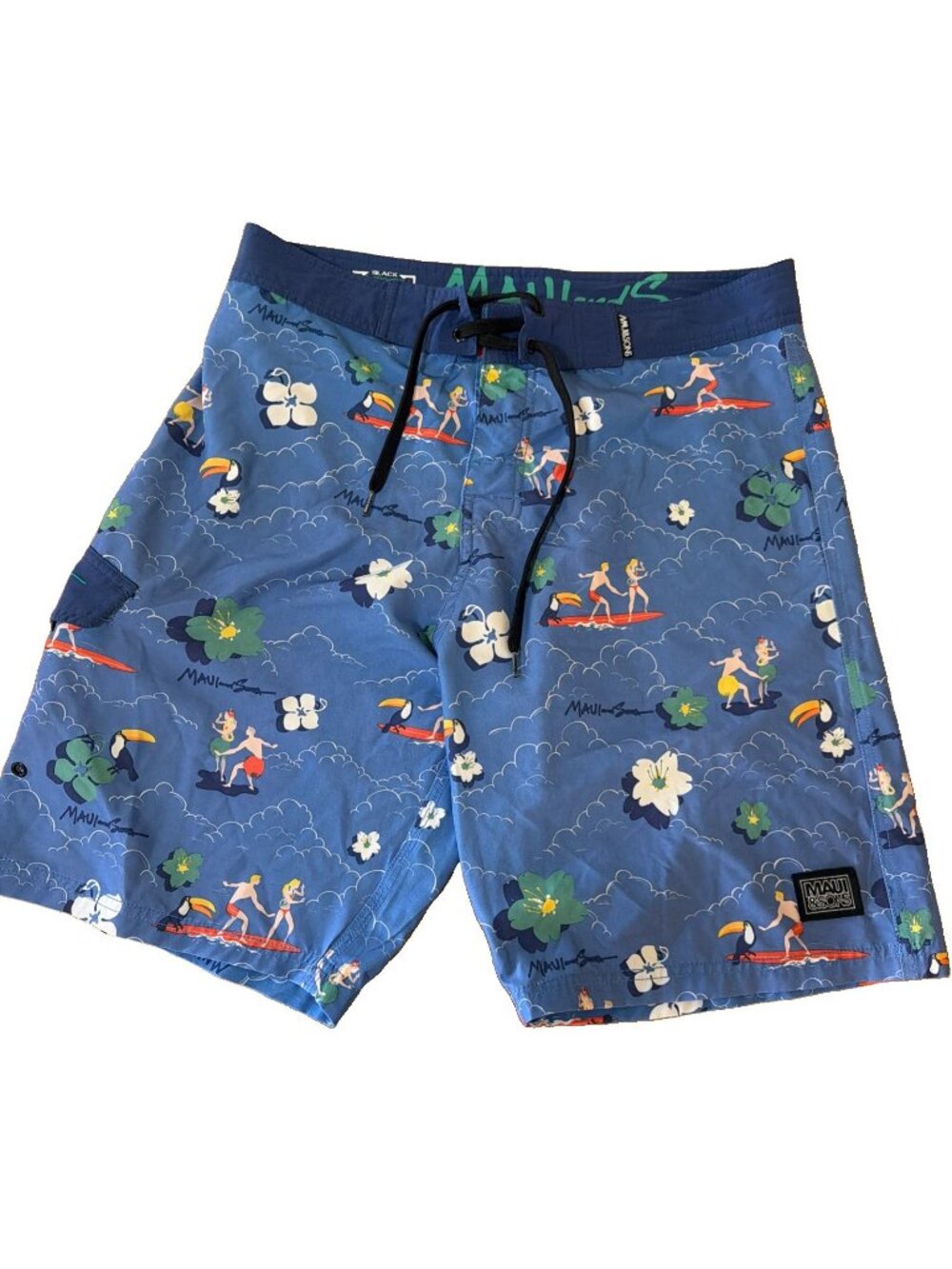 Maui And Sons Swim Trunks Blue Surf Board Hoola Girl Waves Stretch Mens Sz M 34”
